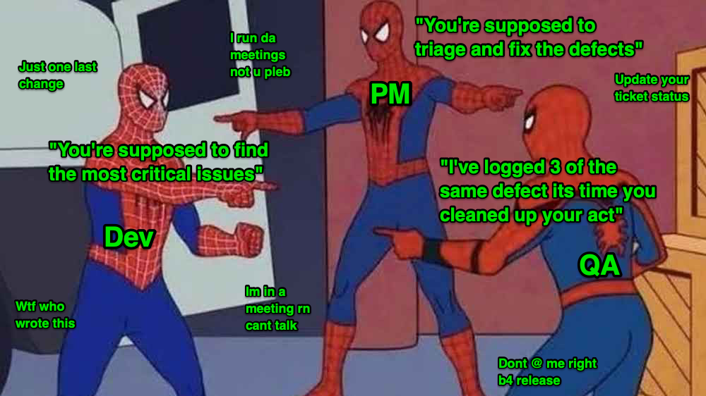 3 spidermans pointing each other accusatorily meme